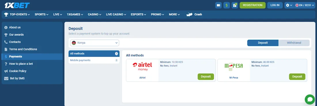 1xBet Kenya Payments Screenshot